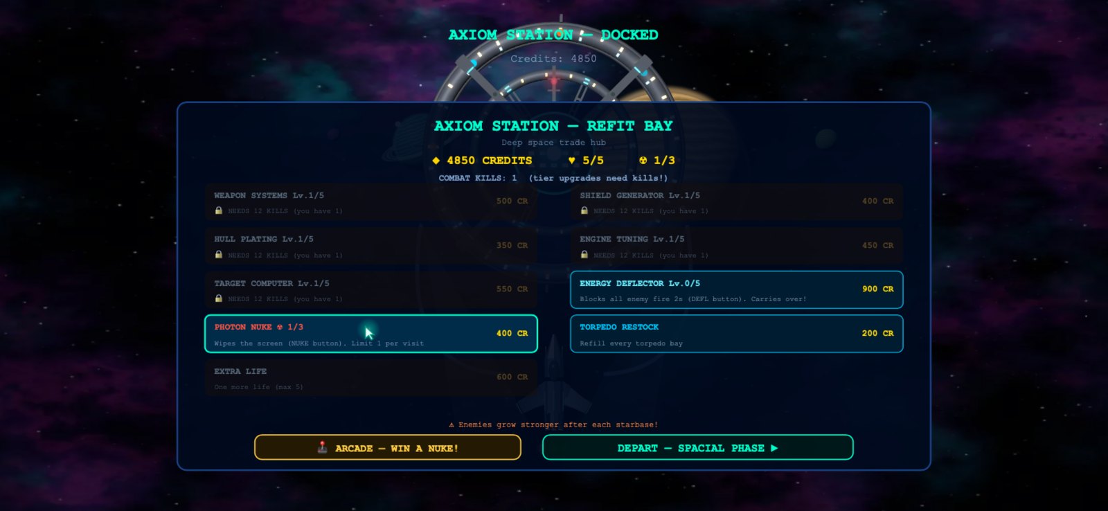 The starbase refit bay — upgrading shields, hull, weapons and engines